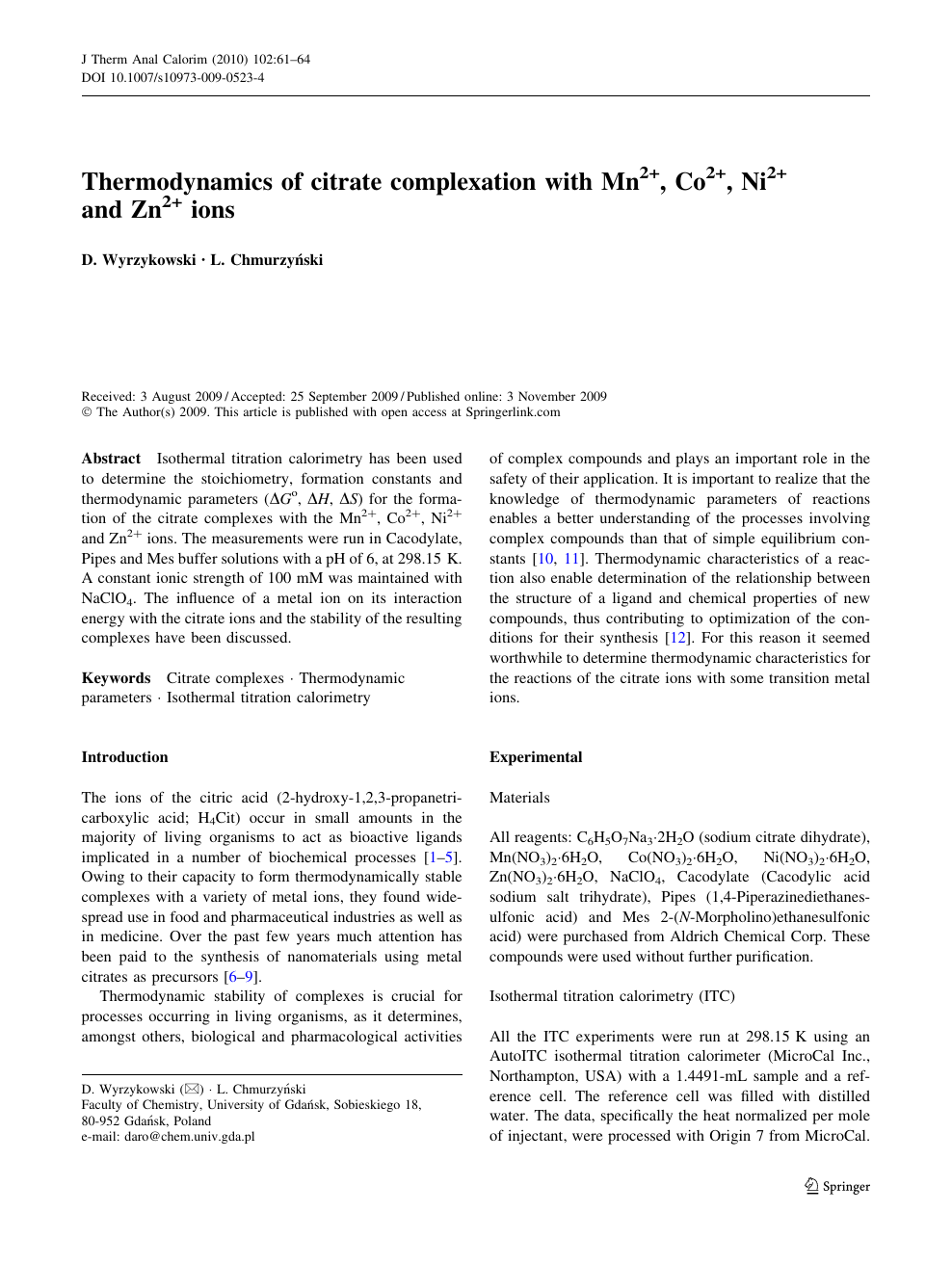 Thermodynamics Of Citrate Complexation With Mn2 Co2 Ni2 And Zn2 Ions Topic Of Research Paper In Chemical Sciences Download Scholarly Article Pdf And Read For Free On Cyberleninka Open Science Hub