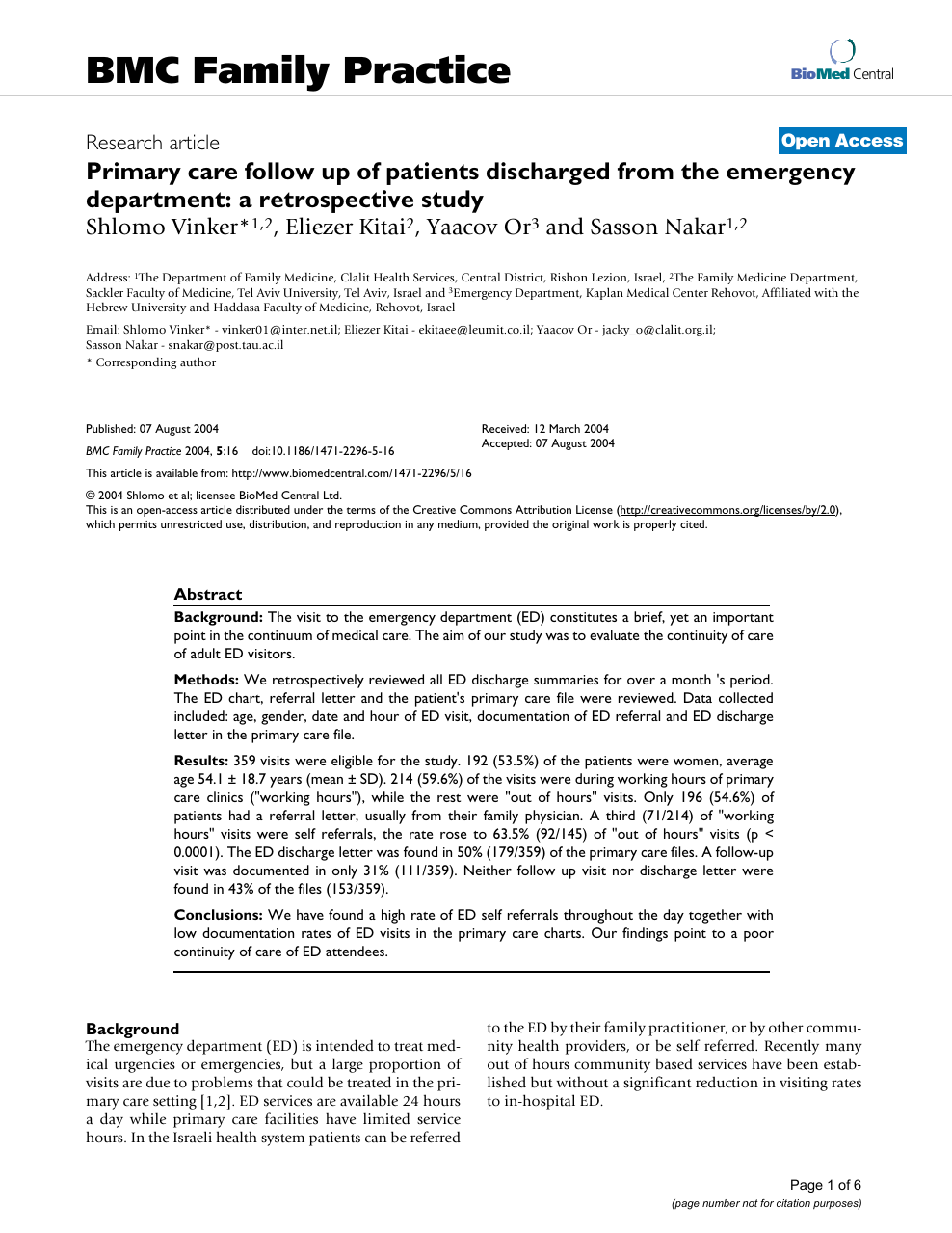 Primary Care Follow Up Of Patients Discharged From The Emergency Department A Retrospective Study Topic Of Research Paper In Clinical Medicine Download Scholarly Article Pdf And Read For Free On Cyberleninka