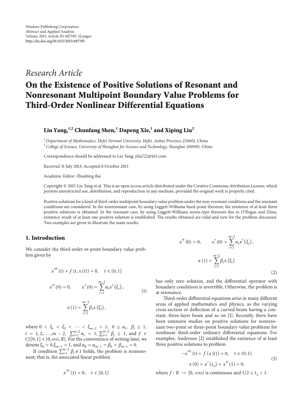 On The Existence Of Positive Solutions Of Resonant And Nonresonant Multipoint Boundary Value Problems For Third Order Nonlinear Differential Equations Topic Of Research Paper In Mathematics Download Scholarly Article Pdf And Read