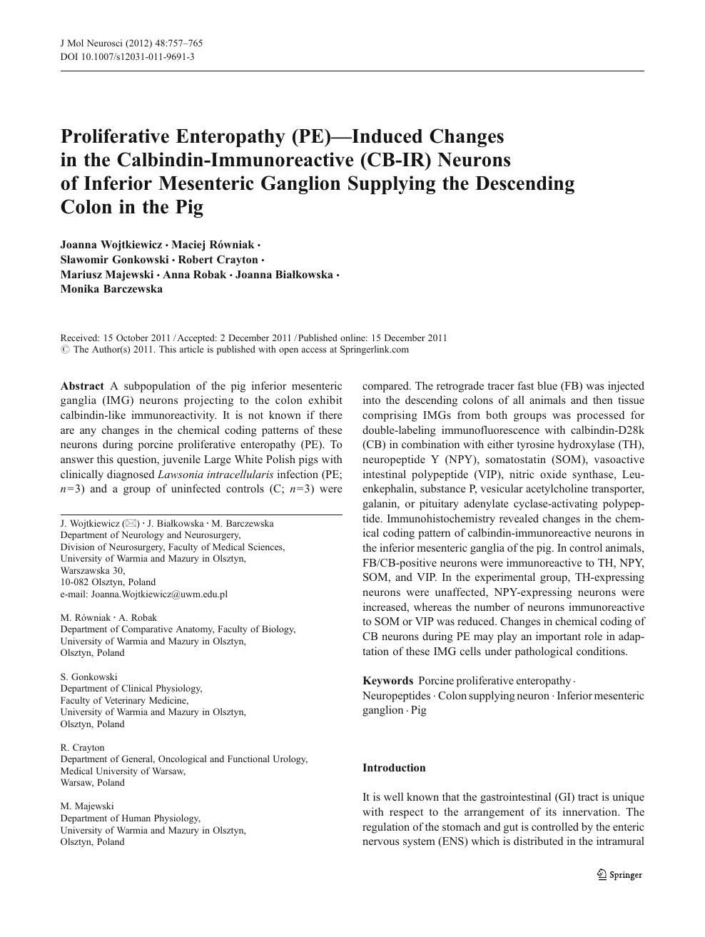 Proliferative Enteropathy Pe Induced Changes In The Calbindin Immunoreactive Cb Ir Neurons Of Inferior Mesenteric Ganglion Supplying The Descending Colon In The Pig Topic Of Research Paper In Veterinary Science Download Scholarly Article Pdf
