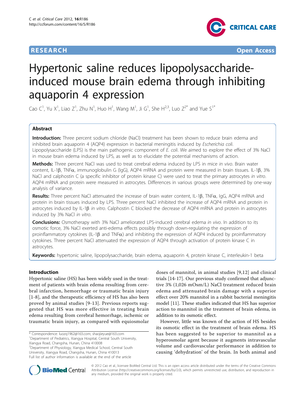Hypertonic Saline Reduces Lipopolysaccharide Induced Mouse Brain Edema Through Inhibiting Aquaporin 4 Expression Topic Of Research Paper In Clinical Medicine Download Scholarly Article Pdf And Read For Free On Cyberleninka Open Science