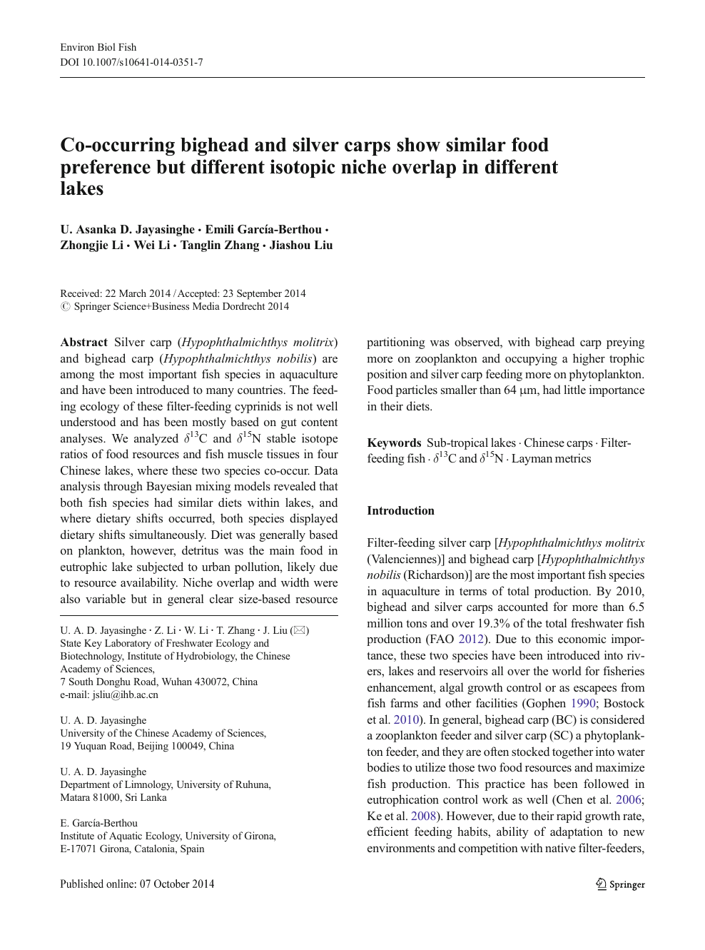Co Occurring Bighead And Silver Carps Show Similar Food Preference But Different Isotopic Niche Overlap In Different Lakes Topic Of Research Paper In Biological Sciences Download Scholarly Article Pdf And Read For