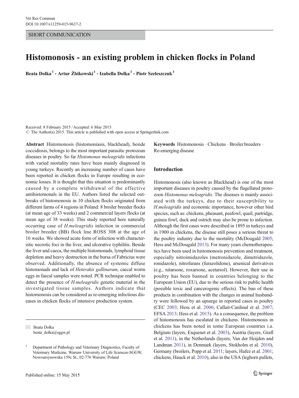 Histomonosis An Existing Problem In Chicken Flocks In Poland