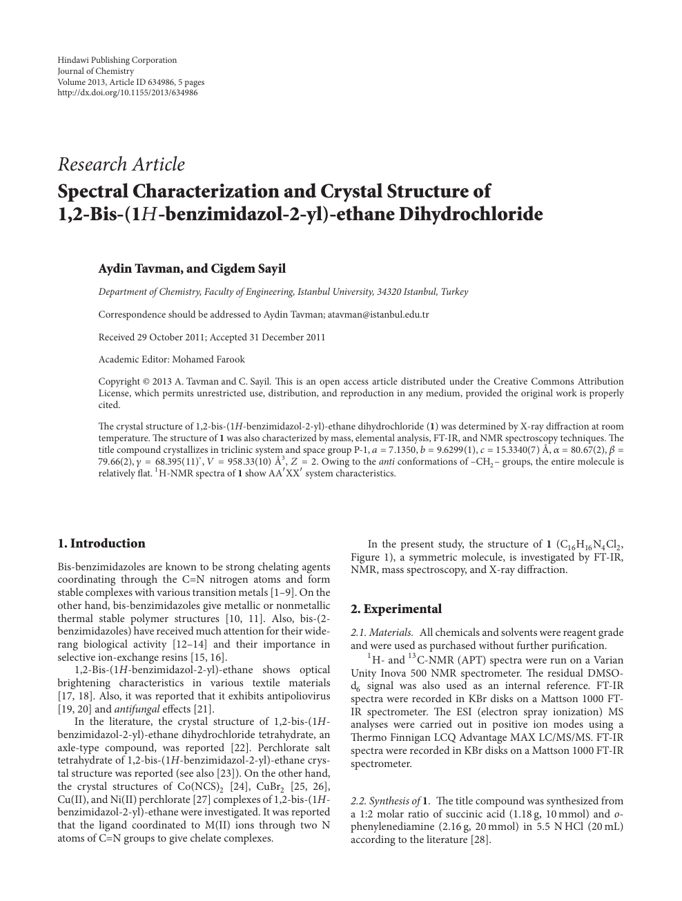 Spectral Characterization And Crystal Structure Of 1 2 Bis 1h Benzimidazol 2 Yl Ethane Dihydrochloride Topic Of Research Paper In Chemical Sciences Download Scholarly Article Pdf And Read For Free On Cyberleninka Open Science Hub
