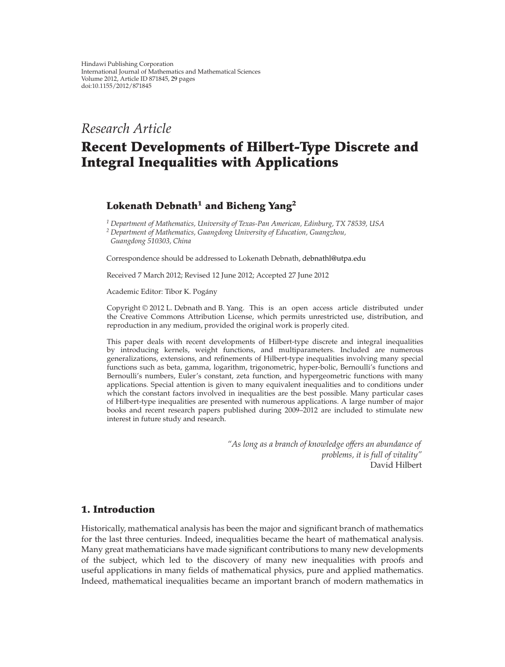 Recent Developments Of Hilbert Type Discrete And Integral Inequalities With Applications Topic Of Research Paper In Mathematics Download Scholarly Article Pdf And Read For Free On Cyberleninka Open Science Hub