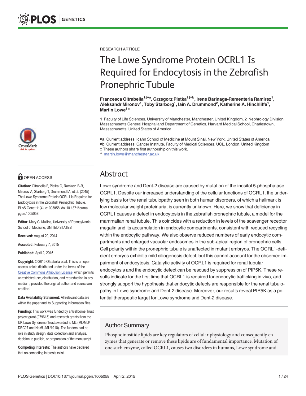 The Lowe Syndrome Protein Ocrl1 Is Required For Endocytosis In The Zebrafish Pronephric Tubule Topic Of Research Paper In Biological Sciences Download Scholarly Article Pdf And Read For Free On Cyberleninka
