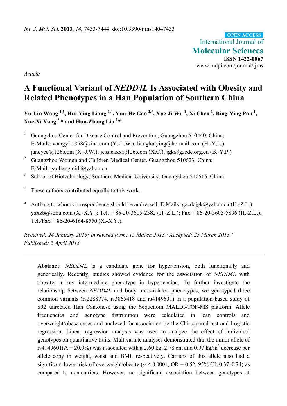A Functional Variant Of Nedd4l Is Associated With Obesity And Related Phenotypes In A Han Population Of Southern China Topic Of Research Paper In Biological Sciences Download Scholarly Article Pdf And