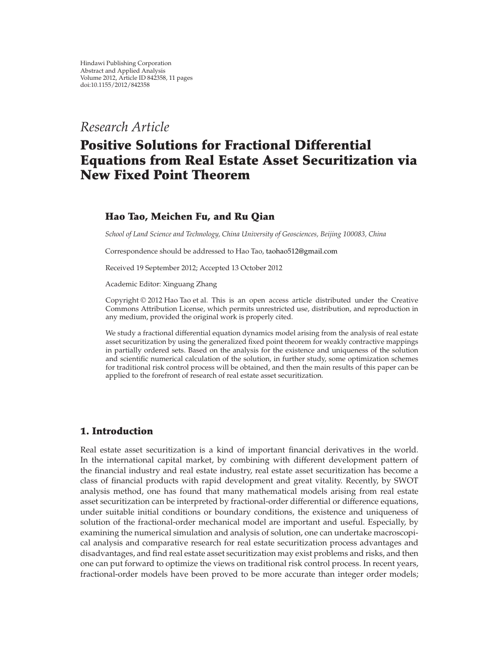 Positive Solutions For Fractional Differential Equations From Real Estate Asset Securitization Via New Fixed Point Theorem Topic Of Research Paper In Mathematics Download Scholarly Article Pdf And Read For Free On