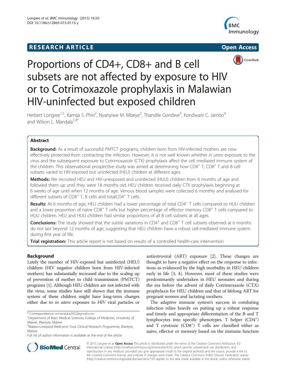 Proportions Of Cd4 Cd8 And B Cell Subsets Are Not Affected By Exposure To Hiv Or To Cotrimoxazole Prophylaxis In Malawian Hiv Uninfected But Exposed Children Topic Of Research Paper In Veterinary