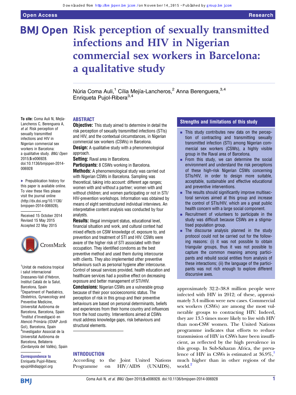 Risk perception of sexually transmitted infections and HIV in Nigerian commercial sex workers in Barcelona a qualitative study