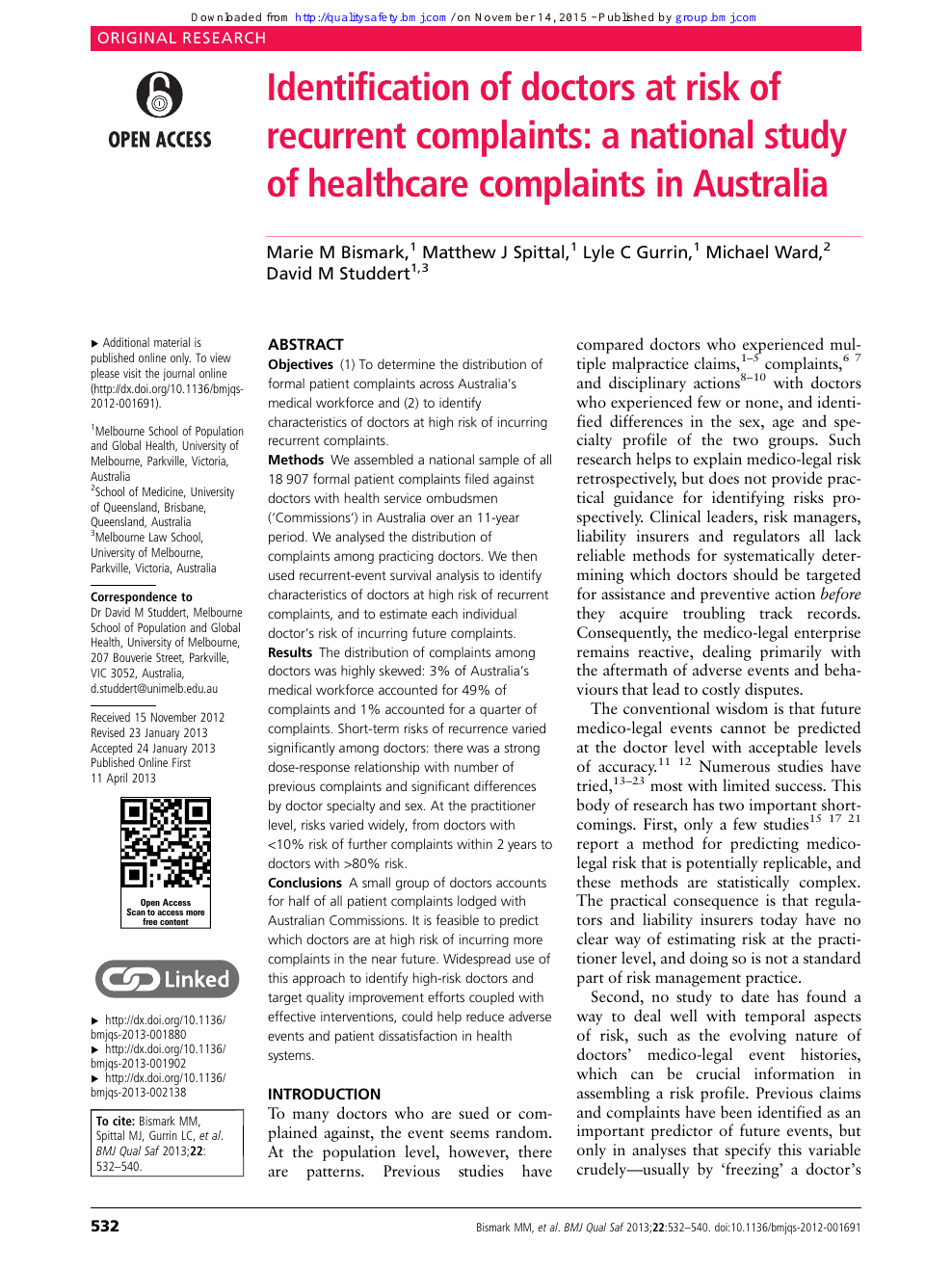 Identification Of Doctors At Risk Of Recurrent Complaints A National Study Of Healthcare Complaints In Australia Topic Of Research Paper In Clinical Medicine Download Scholarly Article Pdf And Read For Free