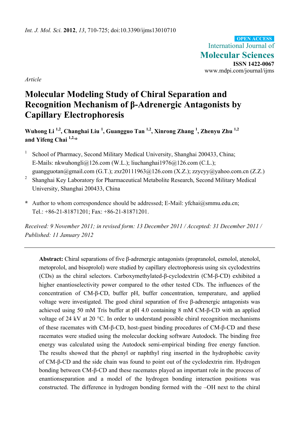 Molecular Modeling Study Of Chiral Separation And Recognition Mechanism Of B Adrenergic Antagonists By Capillary Electrophoresis Topic Of Research Paper In Chemical Sciences Download Scholarly Article Pdf And Read For Free On