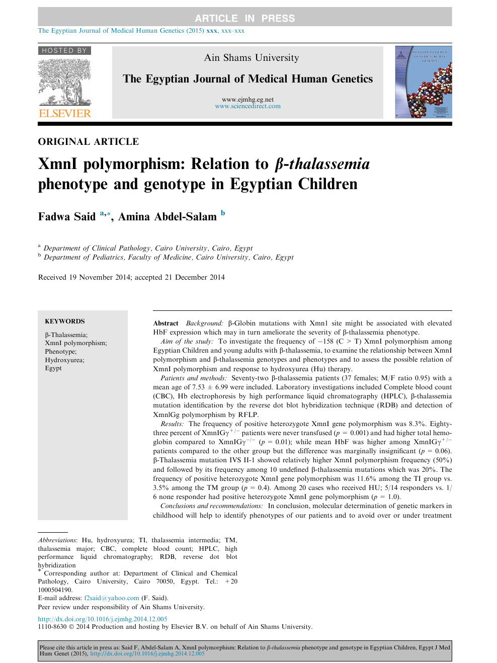 Xmni Polymorphism Relation To B Thalassemia Phenotype And Genotype In Egyptian Children Topic Of Research Paper In Health Sciences Download Scholarly Article Pdf And Read For Free On Cyberleninka Open Science Hub