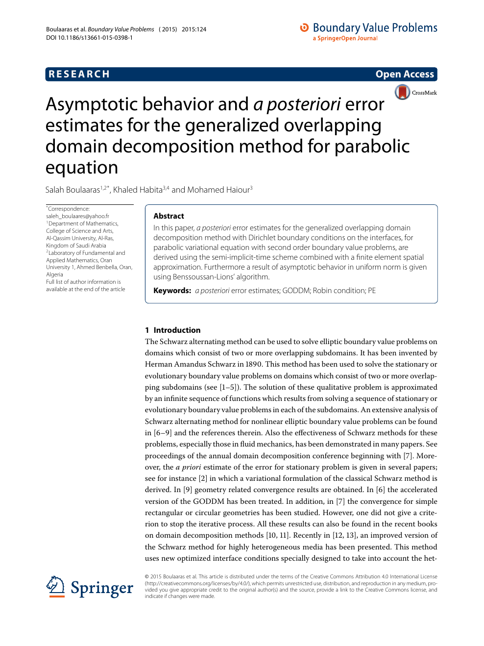 Asymptotic Behavior And A Posteriori Error Estimates For The Generalized Overlapping Domain Decomposition Method For Parabolic Equation Topic Of Research Paper In Mathematics Download Scholarly Article Pdf And Read For Free