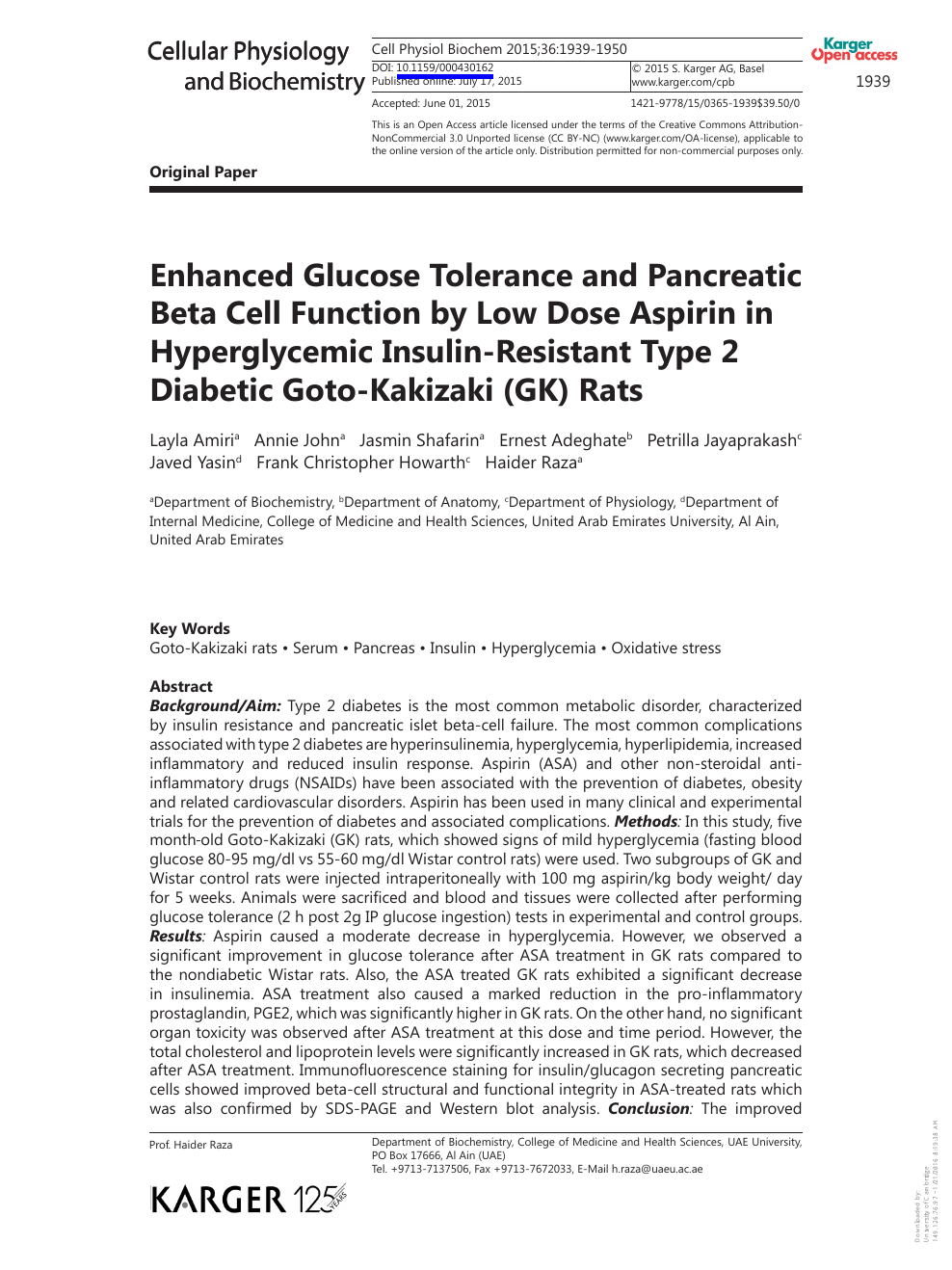 Enhanced Glucose Tolerance And Pancreatic Beta Cell Function By Low Dose Aspirin In Hyperglycemic Insulin Resistant Type 2 Diabetic Goto Kakizaki Gk Rats Topic Of Research Paper In Biological Sciences Download Scholarly Article