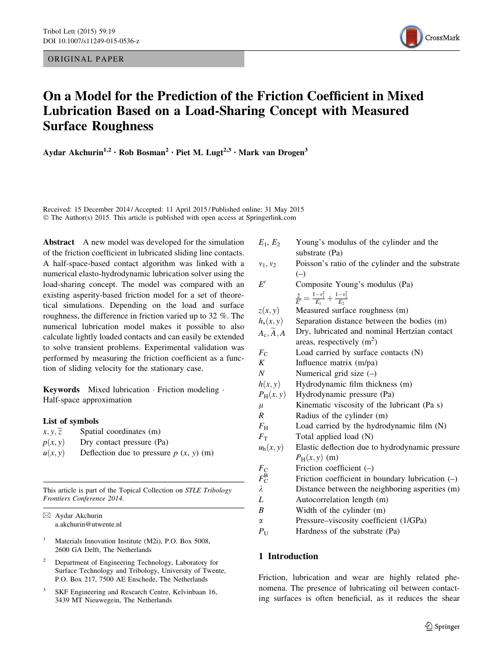 On A Model For The Prediction Of The Friction Coefficient In Mixed Lubrication Based On A Load Sharing Concept With Measured Surface Roughness Topic Of Research Paper In Nano Technology Download Scholarly Article