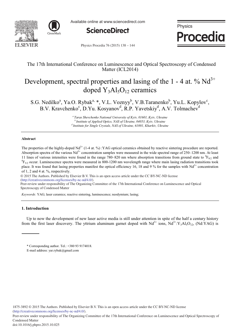 Development Spectral Properties And Lasing Of The 1 4 At Nd3 Doped Y3al5o12 Ceramics Topic Of Research Paper In Materials Engineering Download Scholarly Article Pdf And Read For Free