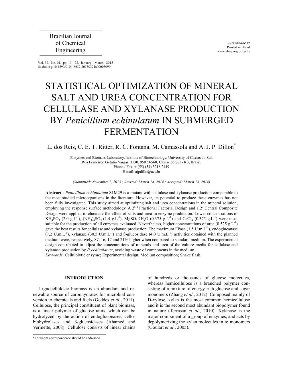 Statistical Optimization Of Mineral Salt And Urea Concentration For Cellulase And Xylanase Production By Penicillium Echinulatum In Submerged Fermentation Topic Of Research Paper In Chemical Engineering Download Scholarly Article Pdf And