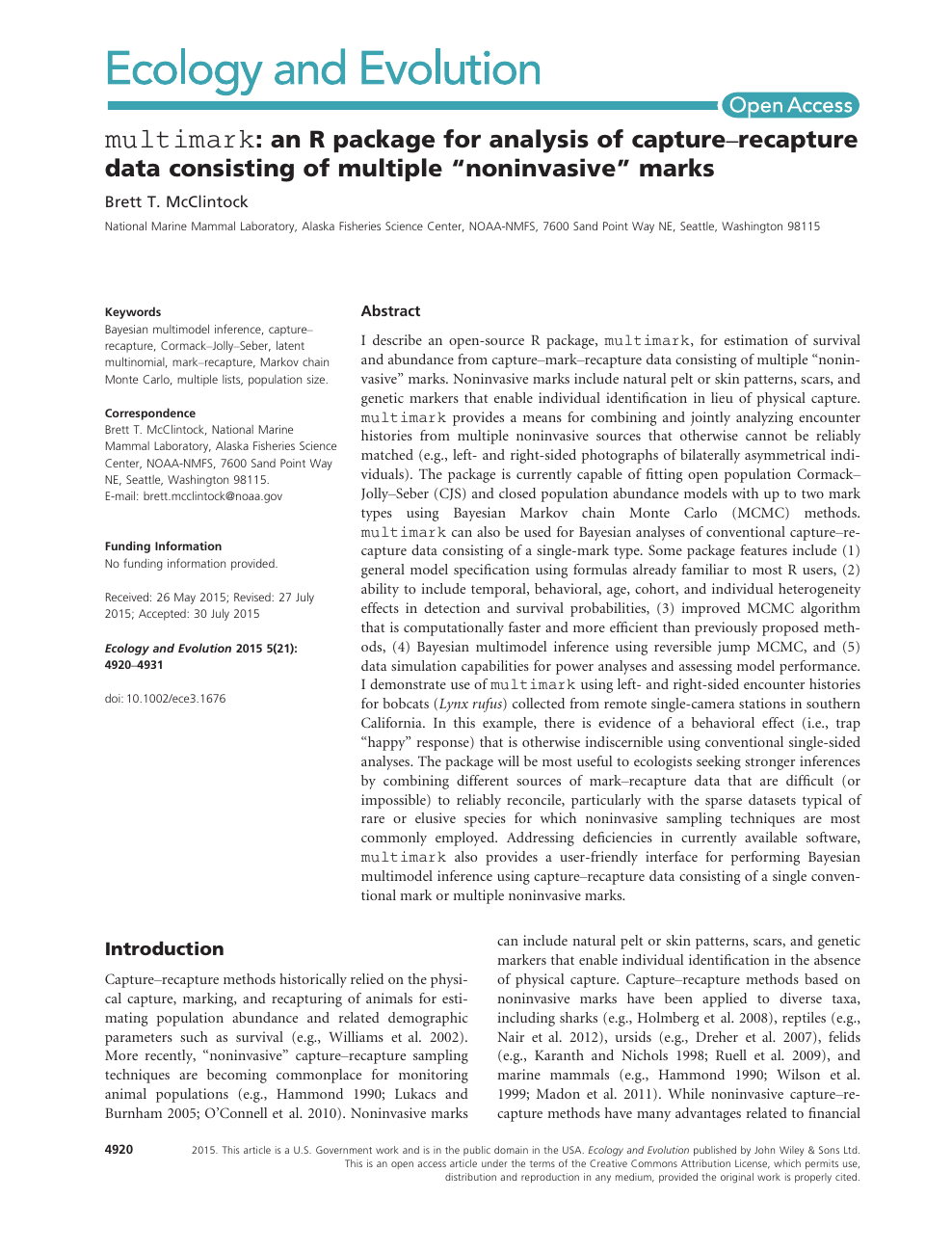 multimark : an R package for analysis of capture-recapture data consisting  of multiple “noninvasive” marks – topic of research paper in Biological  sciences. Download scholarly article PDF and read for free on