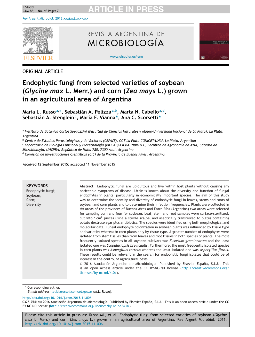 Endophytic Fungi From Selected Varieties Of Soybean Glycine Max L Merr And Corn Zea Mays L Grown In An Agricultural Area Of Argentina Topic Of Research Paper In Biological Sciences Download