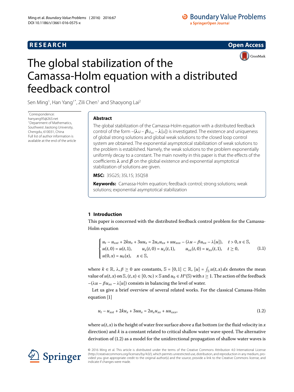 The Global Stabilization Of The Camassa Holm Equation With A Distributed Feedback Control Topic Of Research Paper In Mathematics Download Scholarly Article Pdf And Read For Free On Cyberleninka Open Science Hub