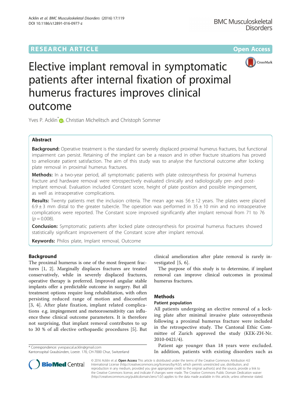 Elective Implant Removal In Symptomatic Patients After Internal Fixation Of Proximal Humerus Fractures Improves Clinical Outcome Topic Of Research Paper In Clinical Medicine Download Scholarly Article Pdf And Read For Free