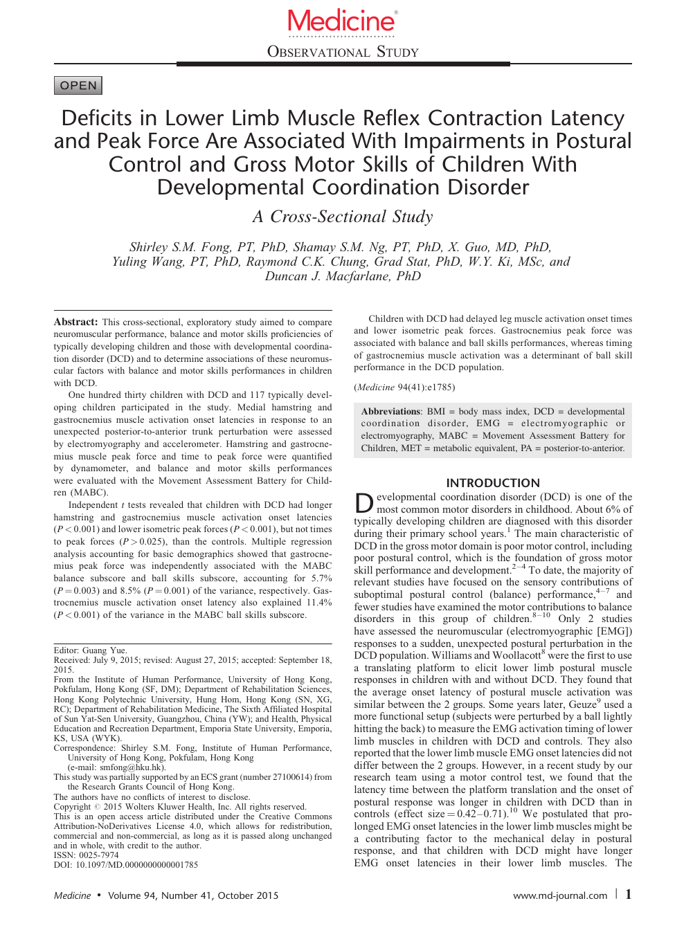 Deficits In Lower Limb Muscle Reflex Contraction Latency And Peak Force Are Associated With Impairments In Postural Control And Gross Motor Skills Of Children With Developmental Coordination Disorder Topic Of Research