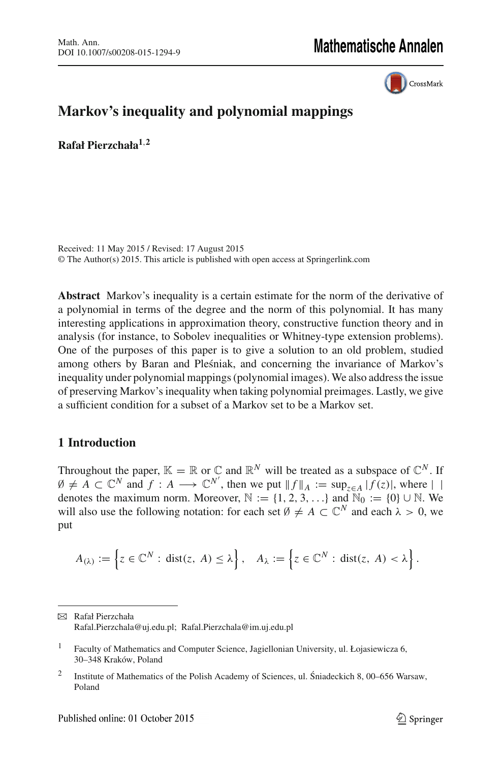 Markov S Inequality And Polynomial Mappings Topic Of Research Paper In Mathematics Download Scholarly Article Pdf And Read For Free On Cyberleninka Open Science Hub