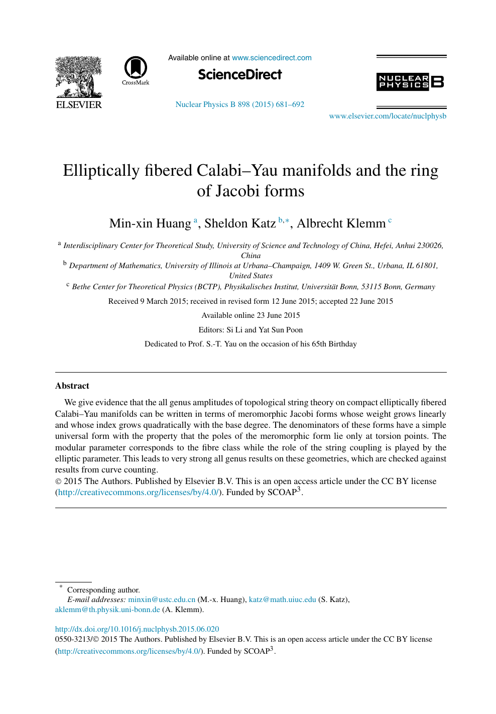 Elliptically Fibered Calabi Yau Manifolds And The Ring Of Jacobi Forms Topic Of Research Paper In Physical Sciences Download Scholarly Article Pdf And Read For Free On Cyberleninka Open Science Hub