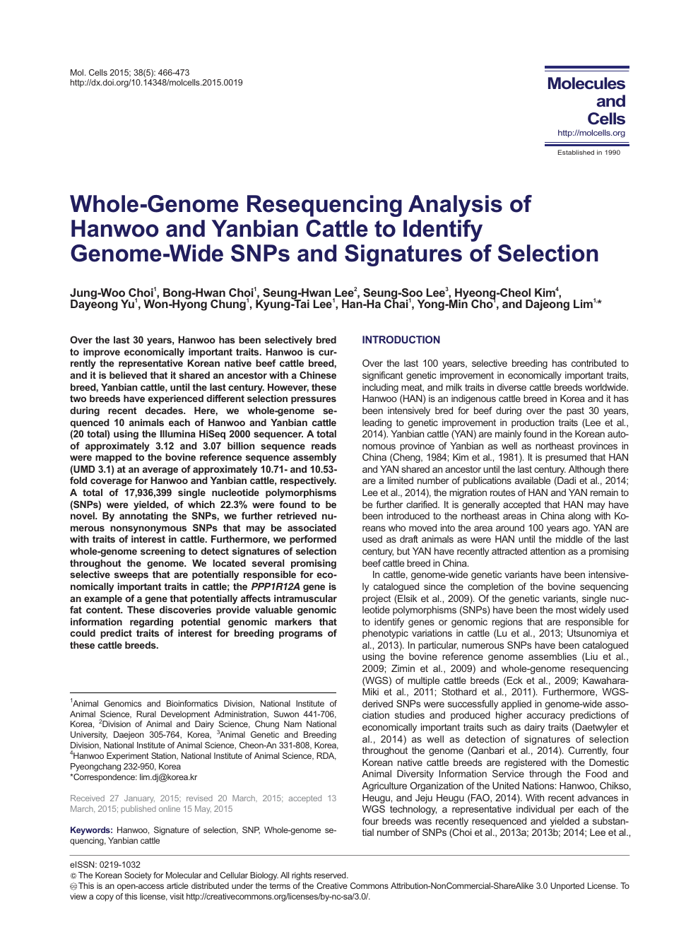 Whole-Genome Resequencing Analysis of Hanwoo and Yanbian Cattle to Identify  Genome-Wide SNPs and Signatures of Selection – topic of research paper in  Biological sciences. Download scholarly article PDF and read for free