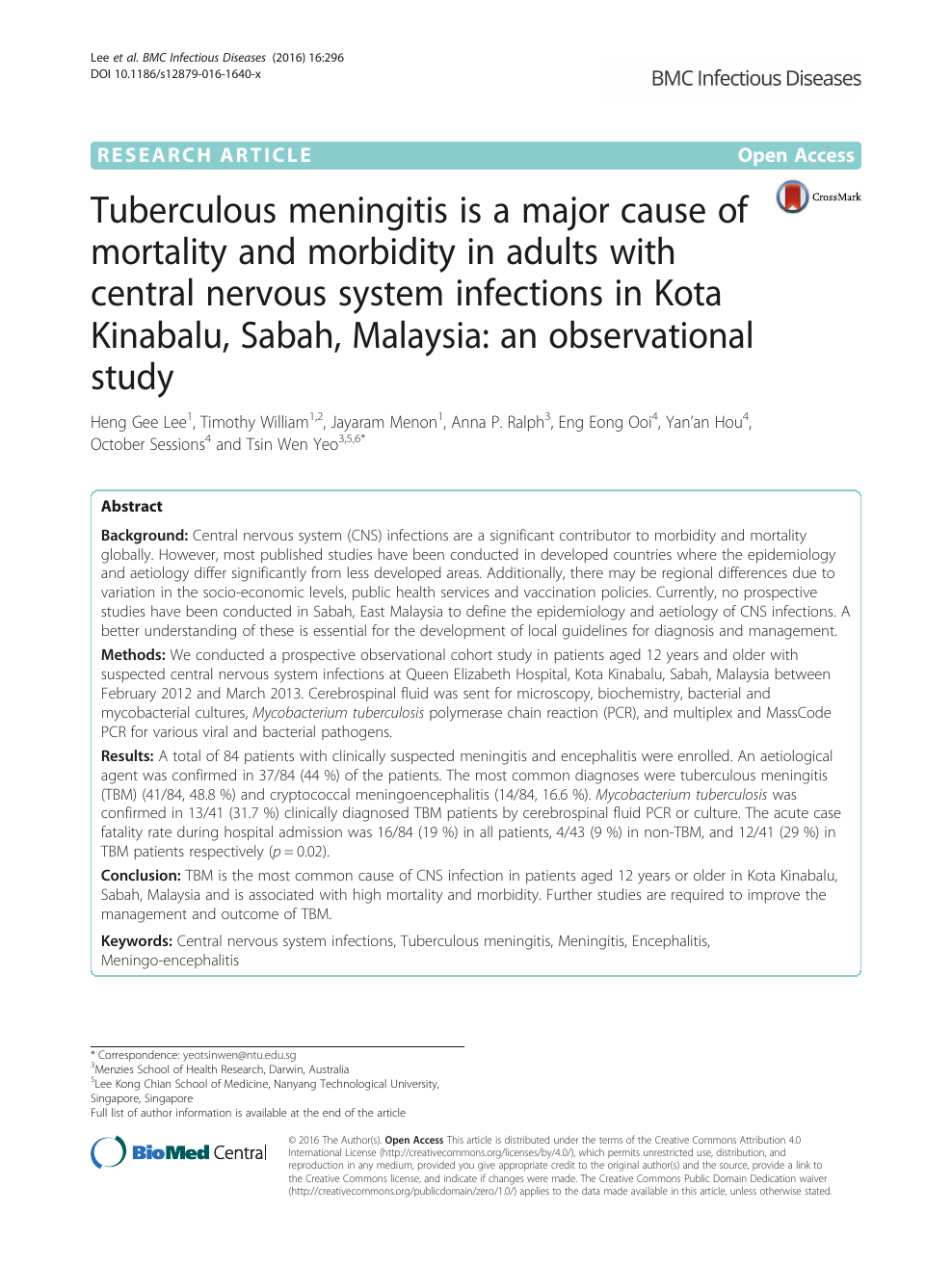 Tuberculous Meningitis Is A Major Cause Of Mortality And Morbidity In Adults With Central Nervous System Infections In Kota Kinabalu Sabah Malaysia An Observational Study Topic Of Research Paper In Health
