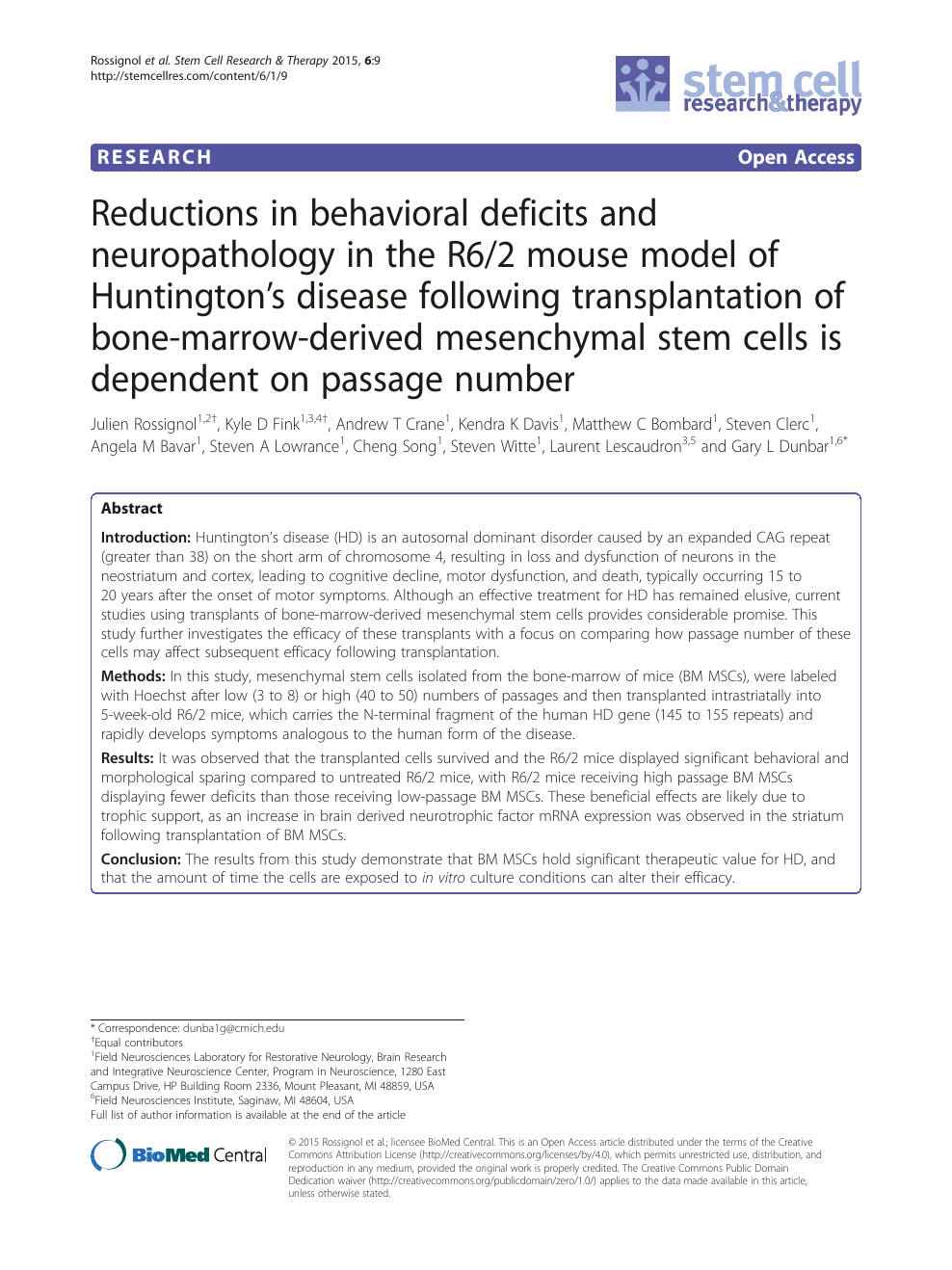 Reductions In Behavioral Deficits And Neuropathology In The R6 2 Mouse Model Of Huntington S Disease Following Transplantation Of Bone Marrow Derived Mesenchymal Stem Cells Is Dependent On Passage Number Topic Of Research Paper In