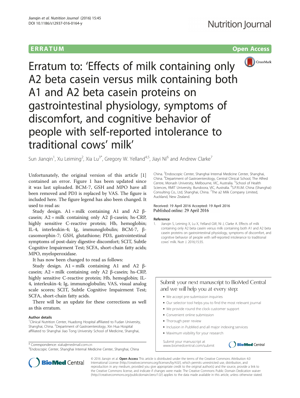 Erratum To Effects Of Milk Containing Only Beta Casein Versus Milk Containing Both A1 And Beta Casein Proteins On Gastrointestinal Physiology Symptoms Of Discomfort And Cognitive Behavior Of People With