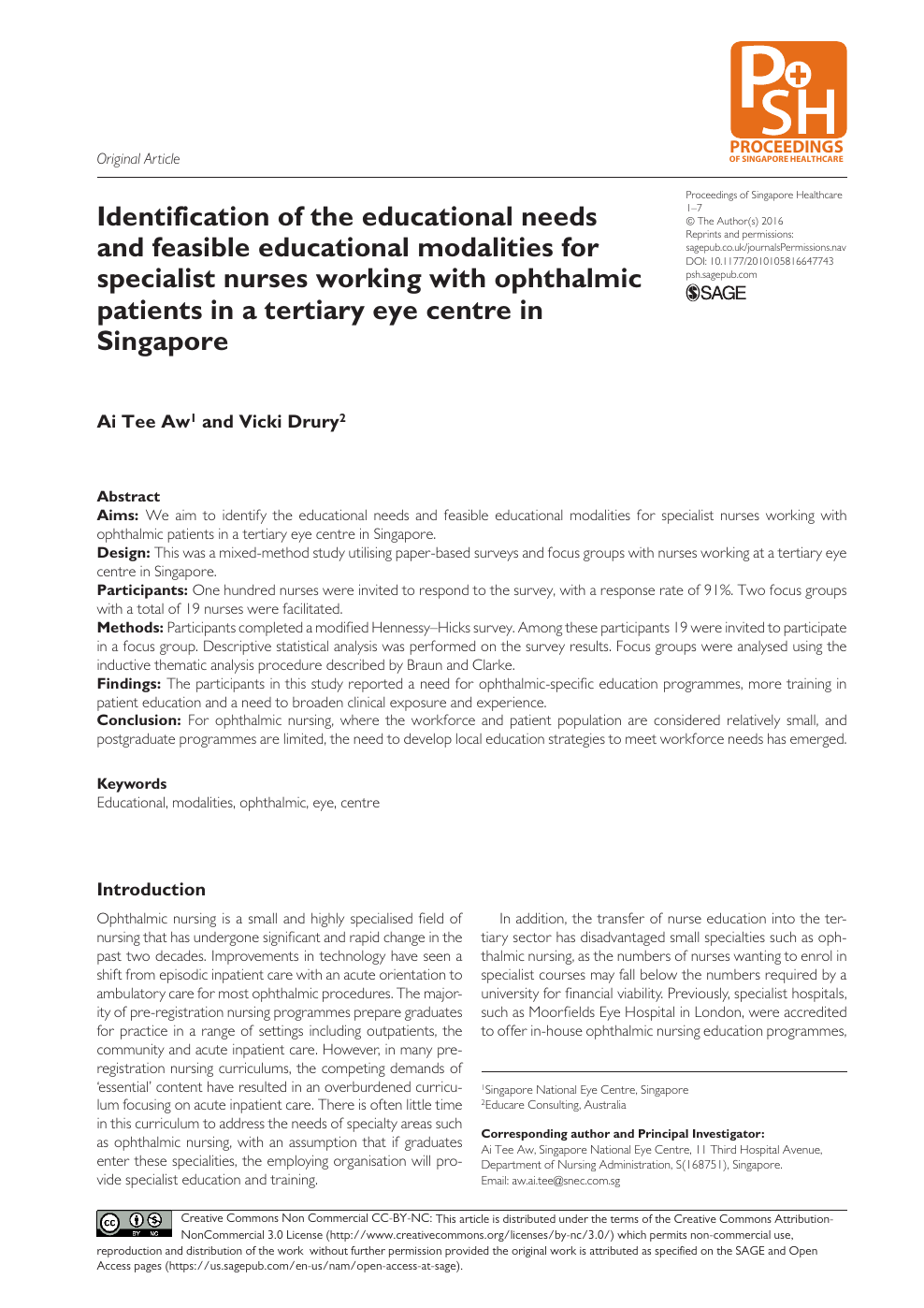 Identification Of The Educational Needs And Feasible Educational Modalities For Specialist Nurses Working With Ophthalmic Patients In A Tertiary Eye Centre In Singapore Topic Of Research Paper In Clinical Medicine Download