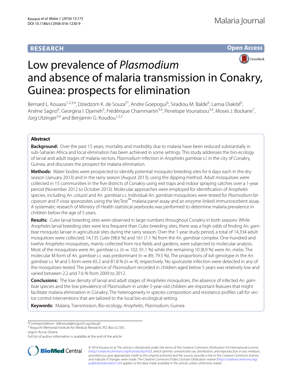 Low Prevalence Of Plasmodium And Absence Of Malaria Transmission In Conakry Guinea Prospects For Elimination Topic Of Research Paper In Health Sciences Download Scholarly Article Pdf And Read For Free On