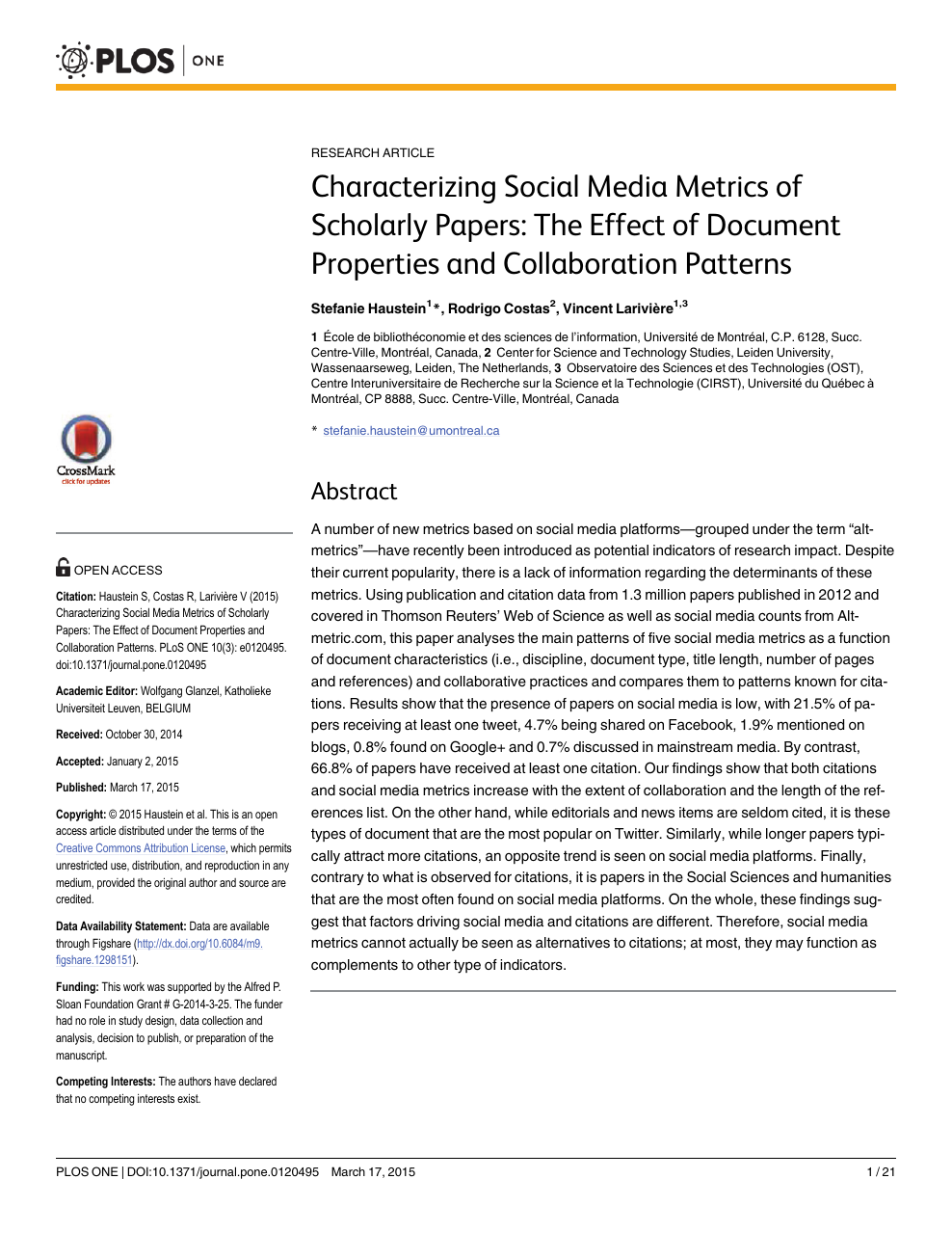 Characterizing Social Media Metrics Of Scholarly Papers The Effect Of Document Properties And Collaboration Patterns Topic Of Research Paper In Media And Communications Download Scholarly Article Pdf And Read For Free