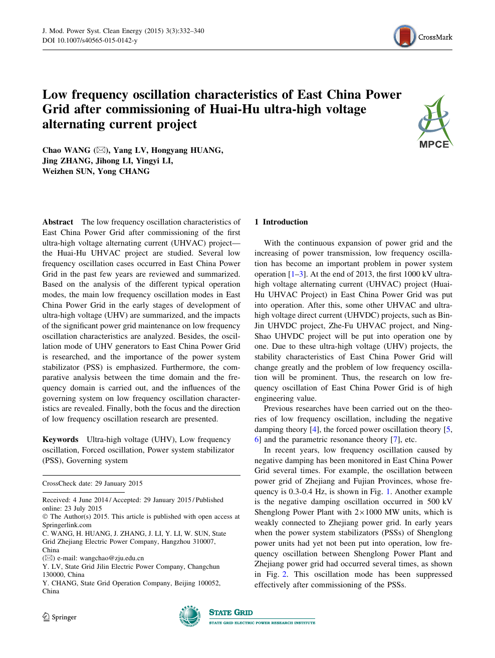 Low Frequency Oscillation Characteristics Of East China Power Grid After Commissioning Of Huai Hu Ultra High Voltage Alternating Current Project Topic Of Research Paper In Earth And Related Environmental Sciences Download Scholarly Article