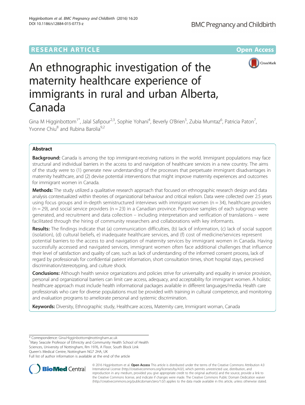 An ethnographic investigation of the maternity healthcare experience of immigrants in rural and urban Alberta, Canada