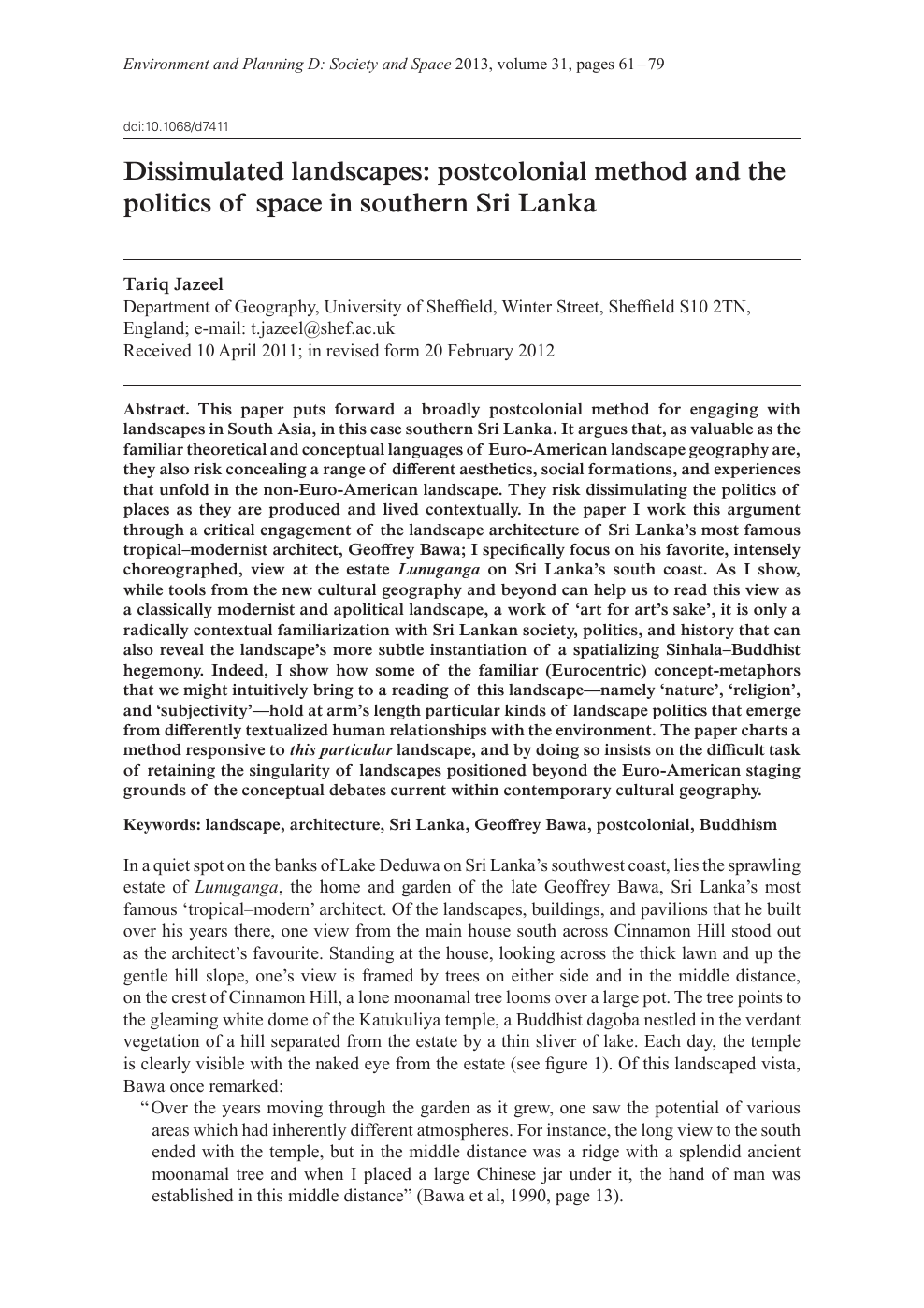 Dissimulated Landscapes Postcolonial Method And The Politics Of Space In Southern Sri Lanka Topic Of Research Paper In Social And Economic Geography Download Scholarly Article Pdf And Read For Free On
