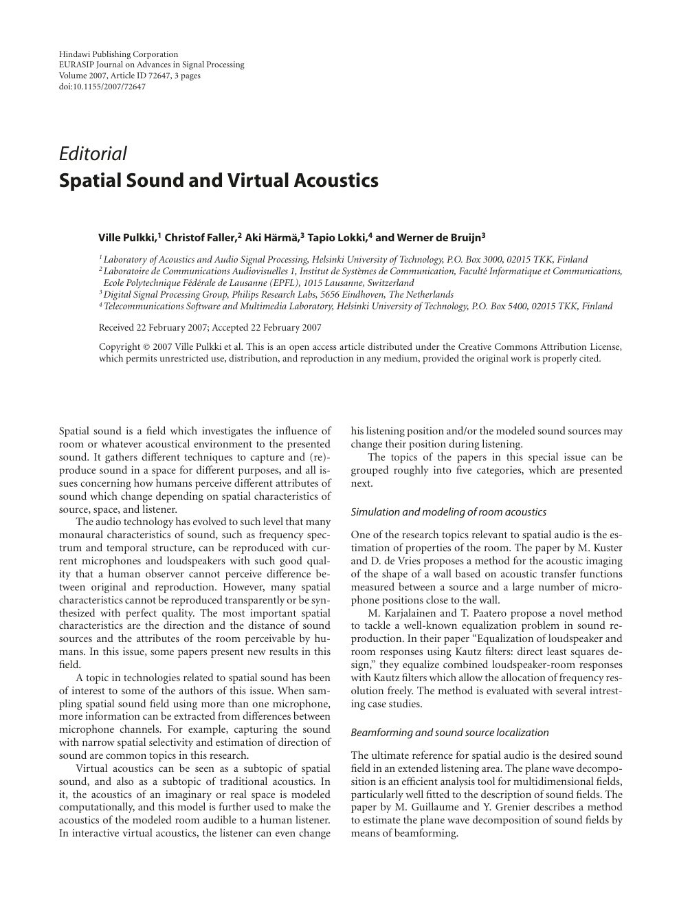 Spatial Sound and Virtual Acoustics – topic of research paper in Electrical  engineering, electronic engineering, information engineering. Download  scholarly article PDF and read for free on CyberLeninka open science hub.