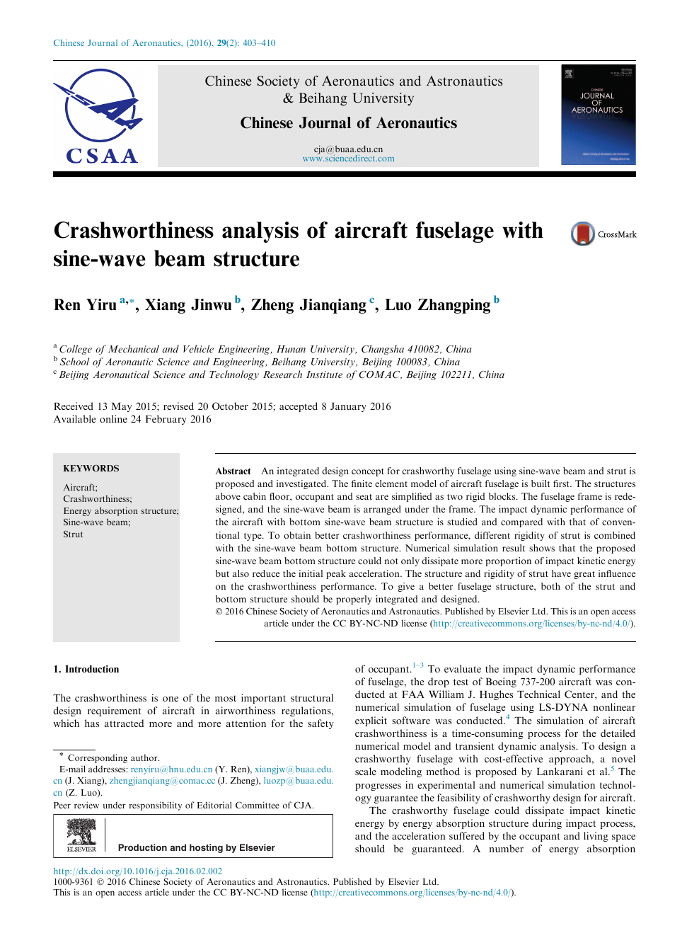 Crashworthiness analysis of aircraft fuselage with sine-wave beam