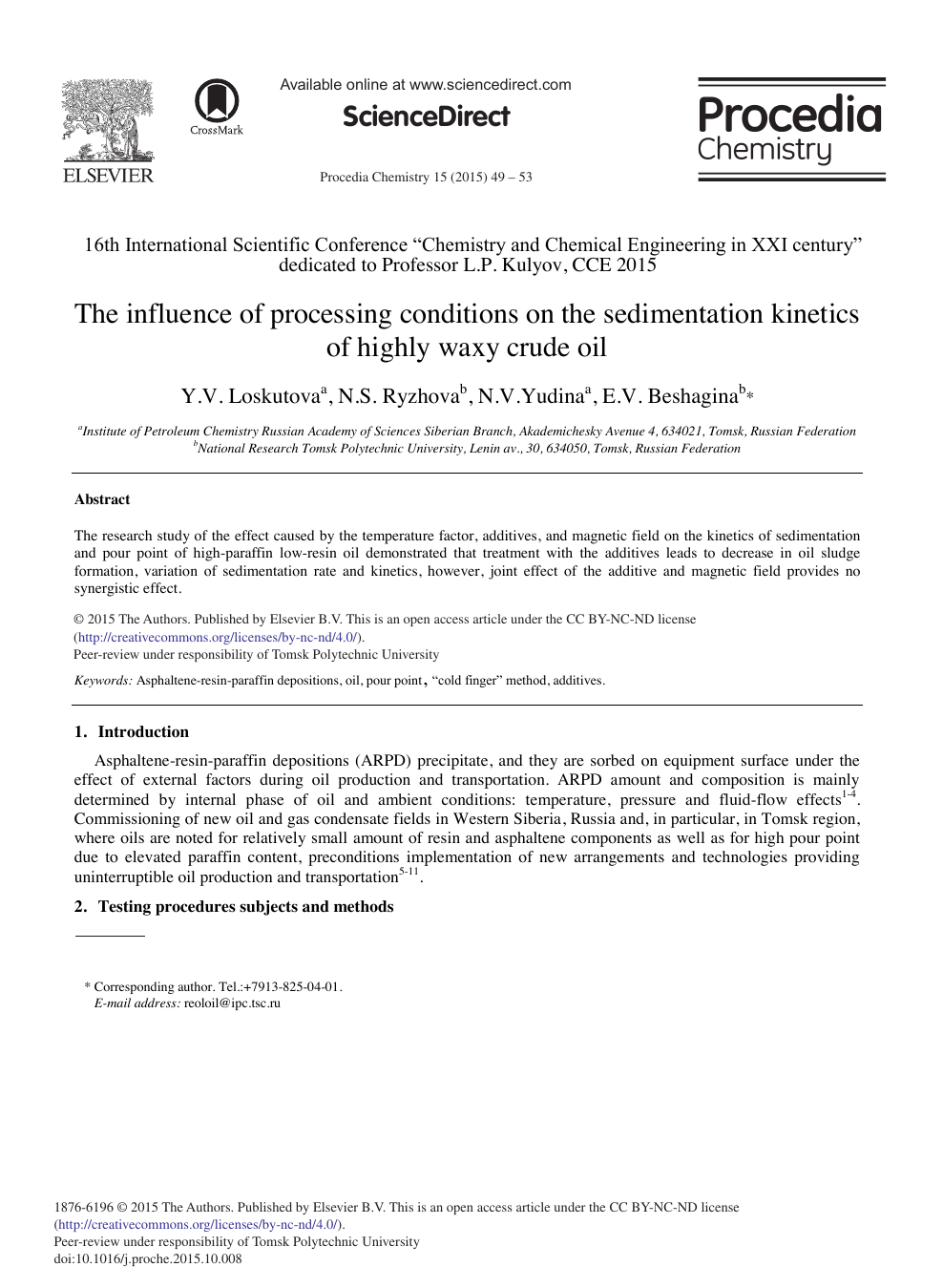 The Influence Of Processing Conditions On The Sedimentation Kinetics Of Highly Waxy Crude Oil Topic Of Research Paper In Materials Engineering Download Scholarly Article Pdf And Read For Free On Cyberleninka