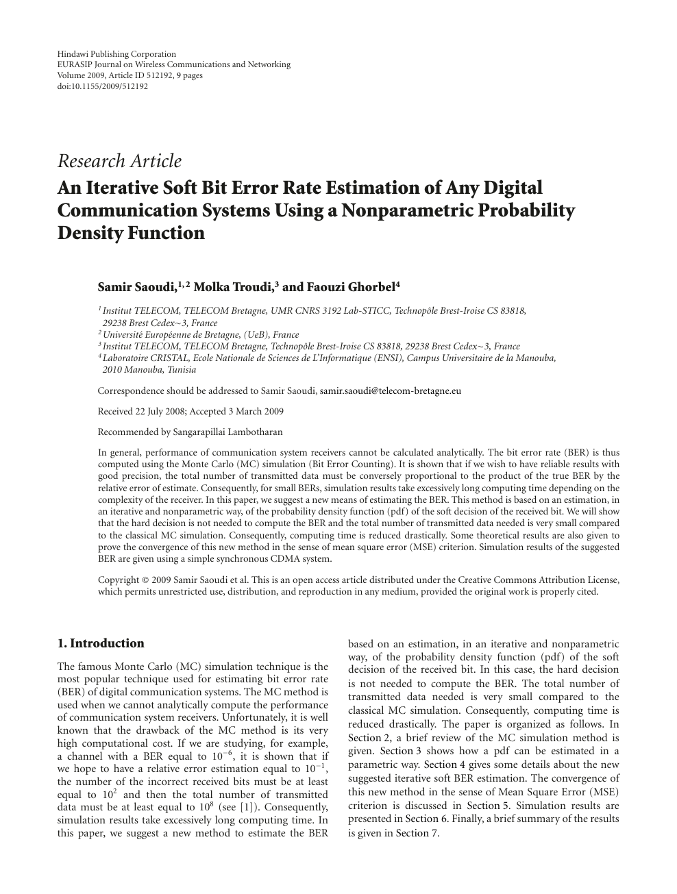 An Iterative Soft Bit Error Rate Estimation Of Any Digital Communication Systems Using A Nonparametric Probability Density Function Topic Of Research Paper In Computer And Information Sciences Download Scholarly Article Pdf