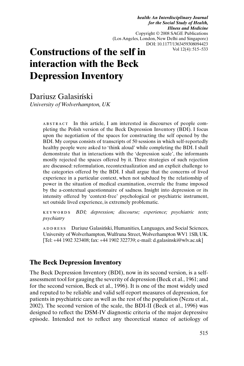 Constructions of the self in interaction with the Beck Depression Inventory  image