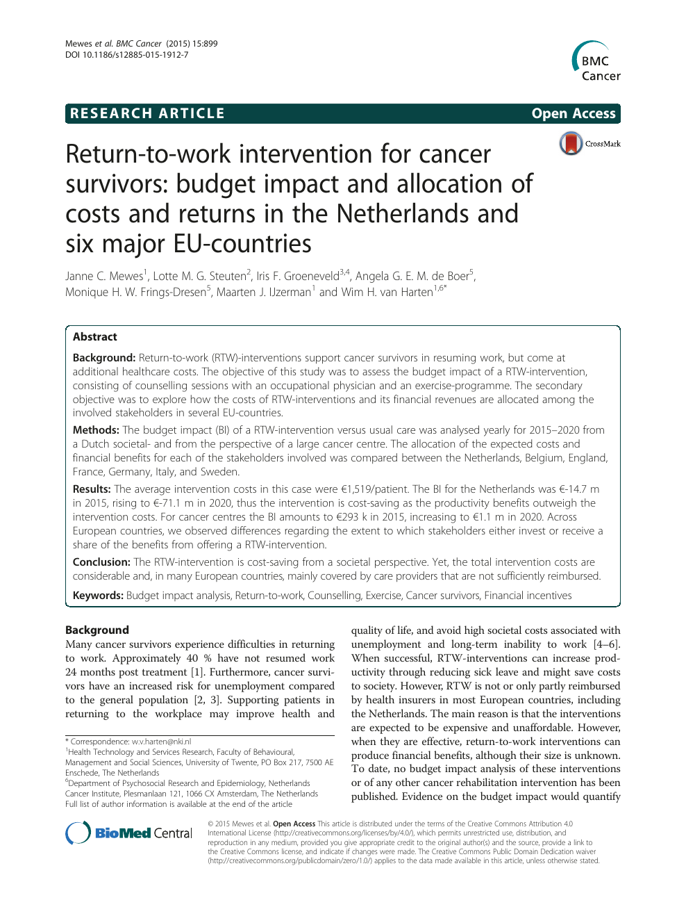 Return To Work Intervention For Cancer Survivors Budget Impact And Allocation Of Costs And Returns In The Netherlands And Six Major Eu Countries Topic Of Research Paper In Economics And Business Download Scholarly Article