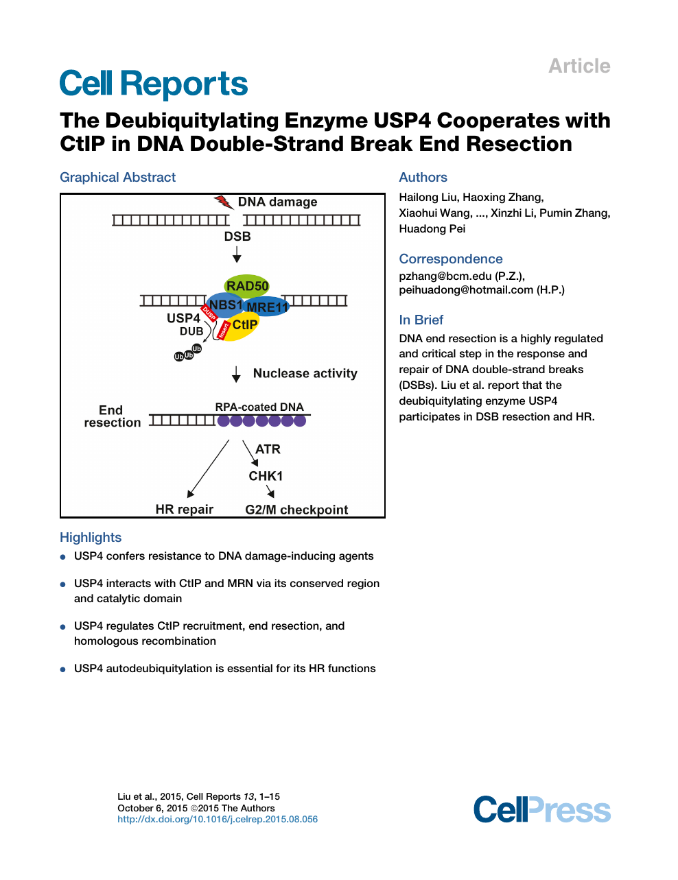 The Deubiquitylating Enzyme Usp4 Cooperates With Ctip In Dna Double Strand Break End Resection Topic Of Research Paper In Biological Sciences Download Scholarly Article Pdf And Read For Free On Cyberleninka Open