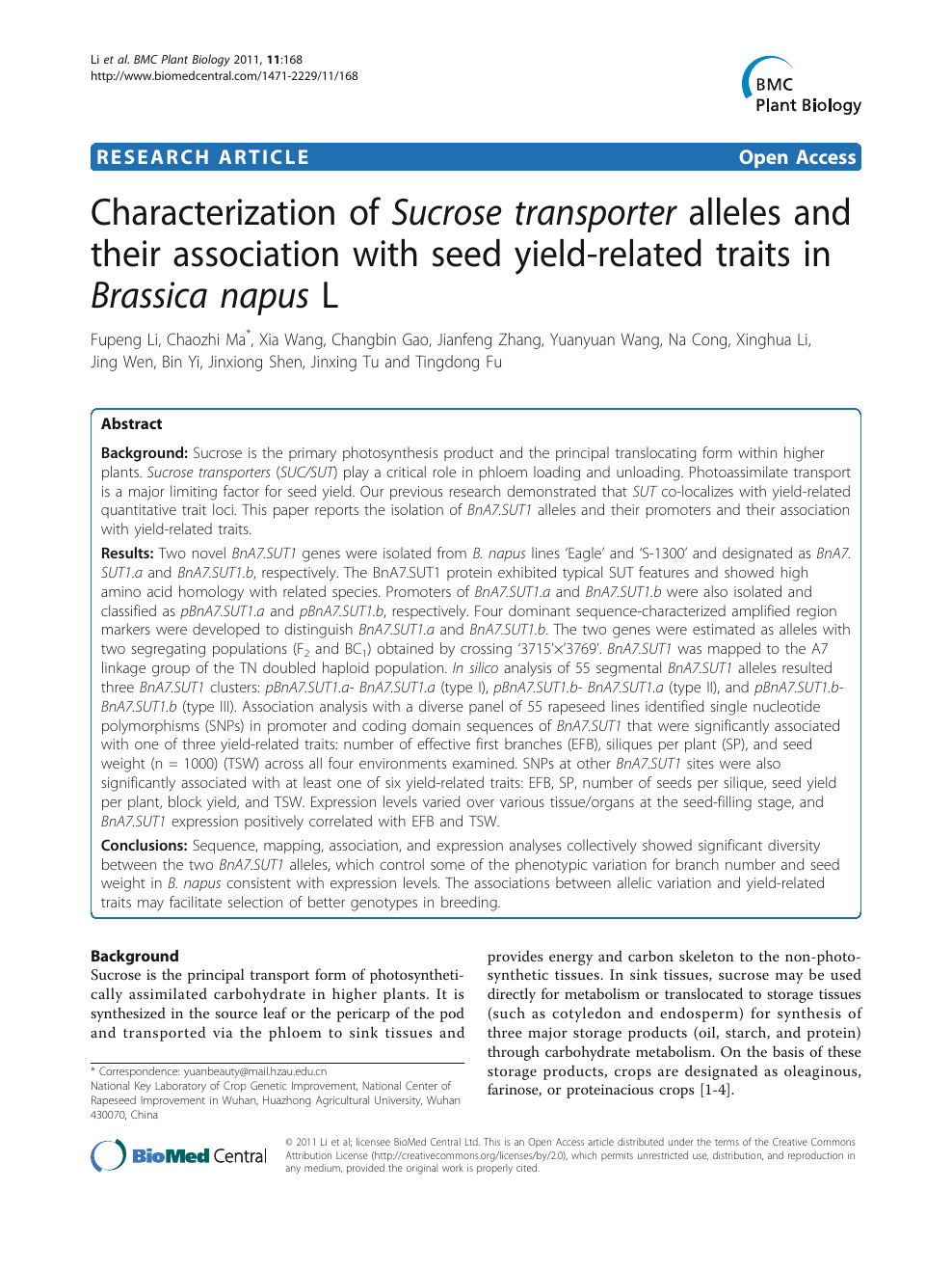 Characterization Of Sucrose Transporter Alleles And Their Association With Seed Yield Related Traits In Brassica Napus L Topic Of Research Paper In Biological Sciences Download Scholarly Article Pdf And Read For Free