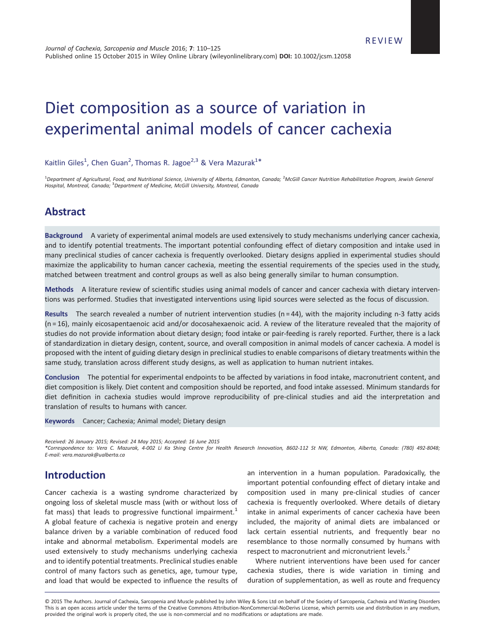 Diet composition as a source of variation in experimental animal models of  cancer cachexia – topic of research paper in Animal and dairy science.  Download scholarly article PDF and read for free