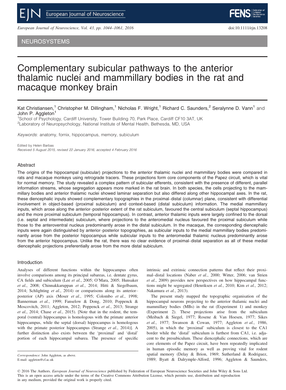 Complementary Subicular Pathways To The Anterior Thalamic Nuclei