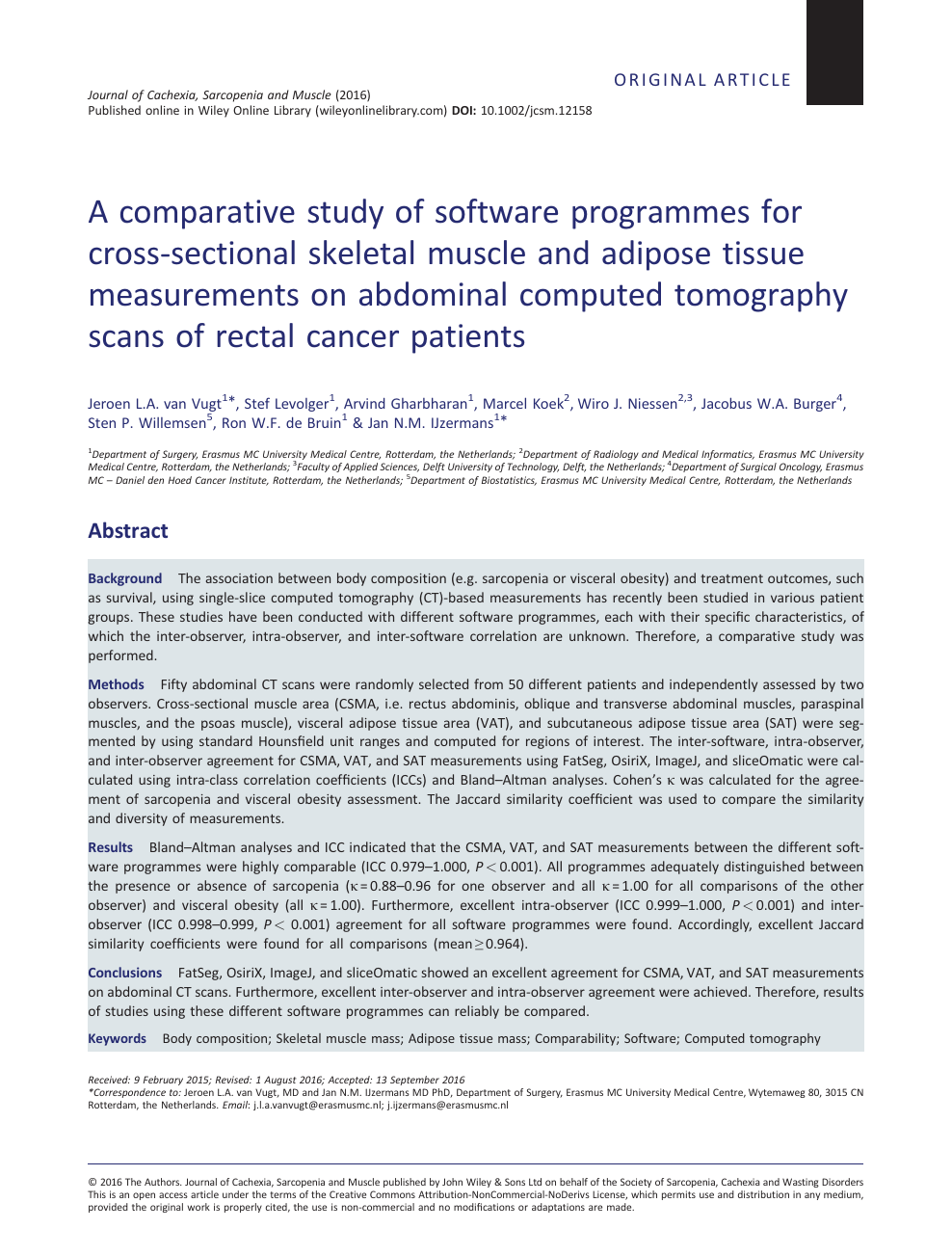 A Comparative Study Of Software Programmes For Cross Sectional Skeletal Muscle And Adipose Tissue Measurements On Abdominal Computed Tomography Scans Of Rectal Cancer Patients Topic Of Research Paper In Clinical Medicine Download